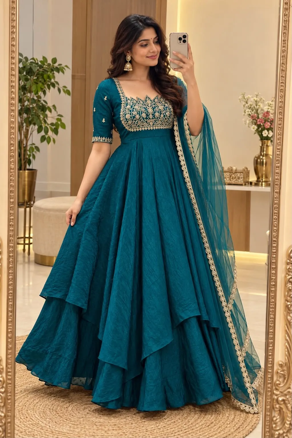 Fendi Crush Double Layered Anarkali Gown with Dupatta | Women Handwork Embroidered Festive Flared Long Gown Suit Set (50" Length) - Image 2
