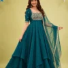 Fendi Crush Double Layered Anarkali Gown with Dupatta | Women Handwork Embroidered Festive Flared Long Gown Suit Set (50" Length) - Image 3