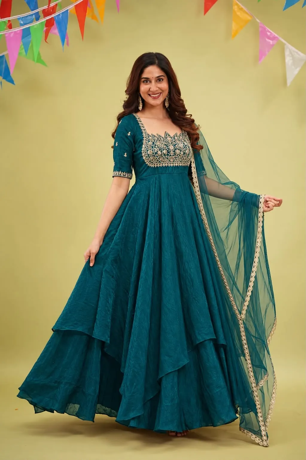 Fendi Crush Double Layered Anarkali Gown with Dupatta | Women Handwork Embroidered Festive Flared Long Gown Suit Set (50" Length) - Image 3