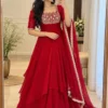 Fendi Crush Double Layered Anarkali Gown with Dupatta | Women Handwork Embroidered Festive Flared Long Gown Suit Set (50" Length) - Image 4