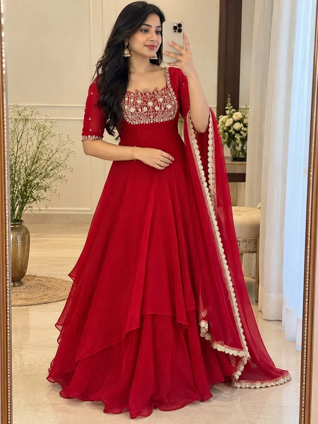Fendi Crush Double Layered Anarkali Gown with Dupatta | Women Handwork Embroidered Festive Flared Long Gown Suit Set (50" Length) - Image 4