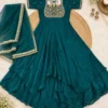 Fendi Crush Double Layered Anarkali Gown with Dupatta | Women Handwork Embroidered Festive Flared Long Gown Suit Set (50" Length) - Image 5