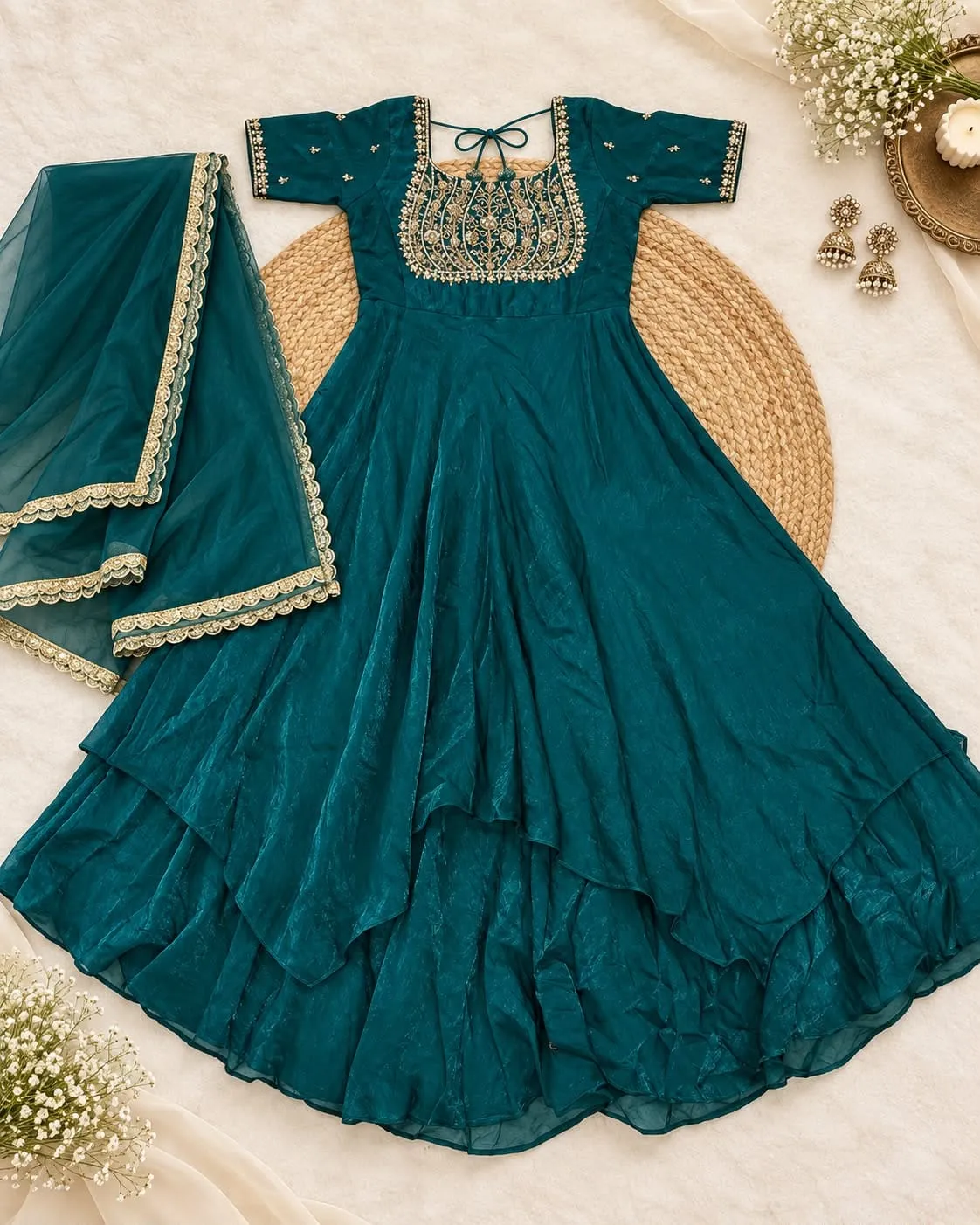Fendi Crush Double Layered Anarkali Gown with Dupatta | Women Handwork Embroidered Festive Flared Long Gown Suit Set (50" Length) - Image 5