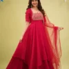 Fendi Crush Double Layered Anarkali Gown with Dupatta | Women Handwork Embroidered Festive Flared Long Gown Suit Set (50" Length) - Image 6