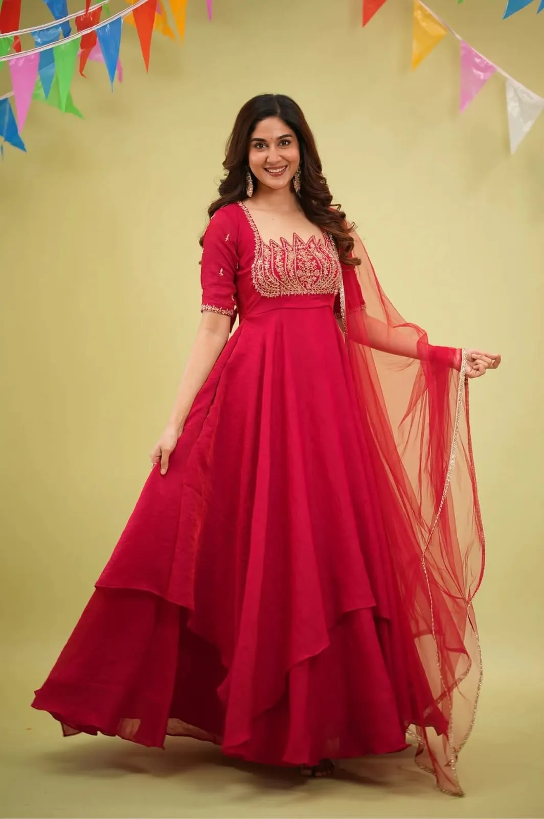 Fendi Crush Double Layered Anarkali Gown with Dupatta | Women Handwork Embroidered Festive Flared Long Gown Suit Set (50" Length) - Image 6