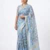 Floral Digital Printed Patola Silk Saree with Woven Gold Zari Border & Unstitched Blouse – Pastel Blue & Teal Shades