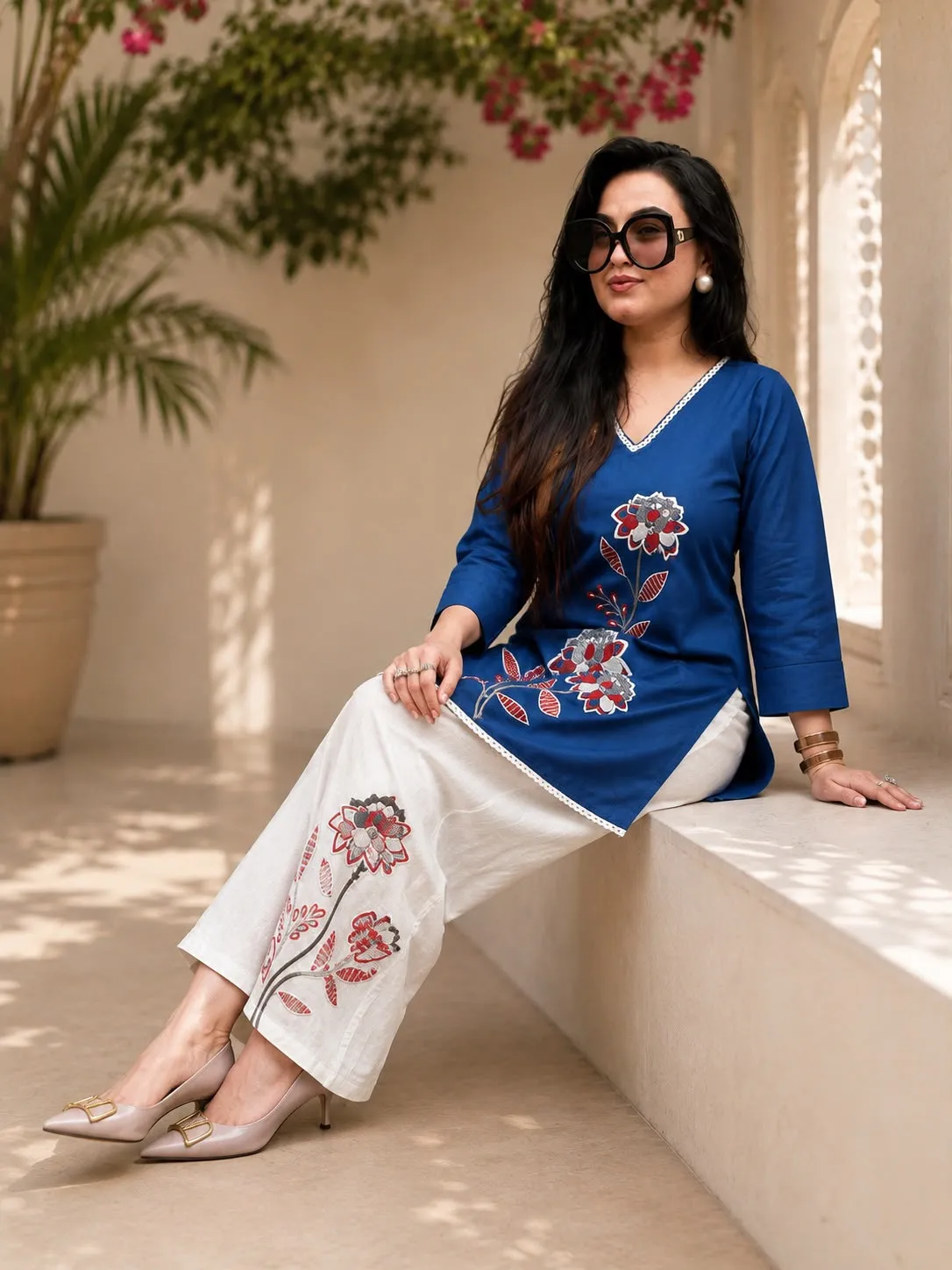 Floral Embroidered Cotton Slub Co-ord Set – V-Neck Kurti with Embroidered Palazzo Pant Set