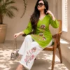 Floral Embroidered Cotton Slub Co-ord Set – V-Neck Kurti with Embroidered Palazzo Pant Set - Image 3