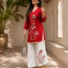 Floral Embroidered Cotton Slub Co-ord Set – V-Neck Kurti with Embroidered Palazzo Pant Set - Image 4