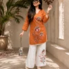 Floral Embroidered Cotton Slub Co-ord Set – V-Neck Kurti with Embroidered Palazzo Pant Set - Image 5