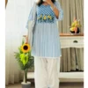 Floral Embroidered Cotton Slub Striped Kurti with Afghani Salwar Pant Set – 2-Piece Ethnic Suit