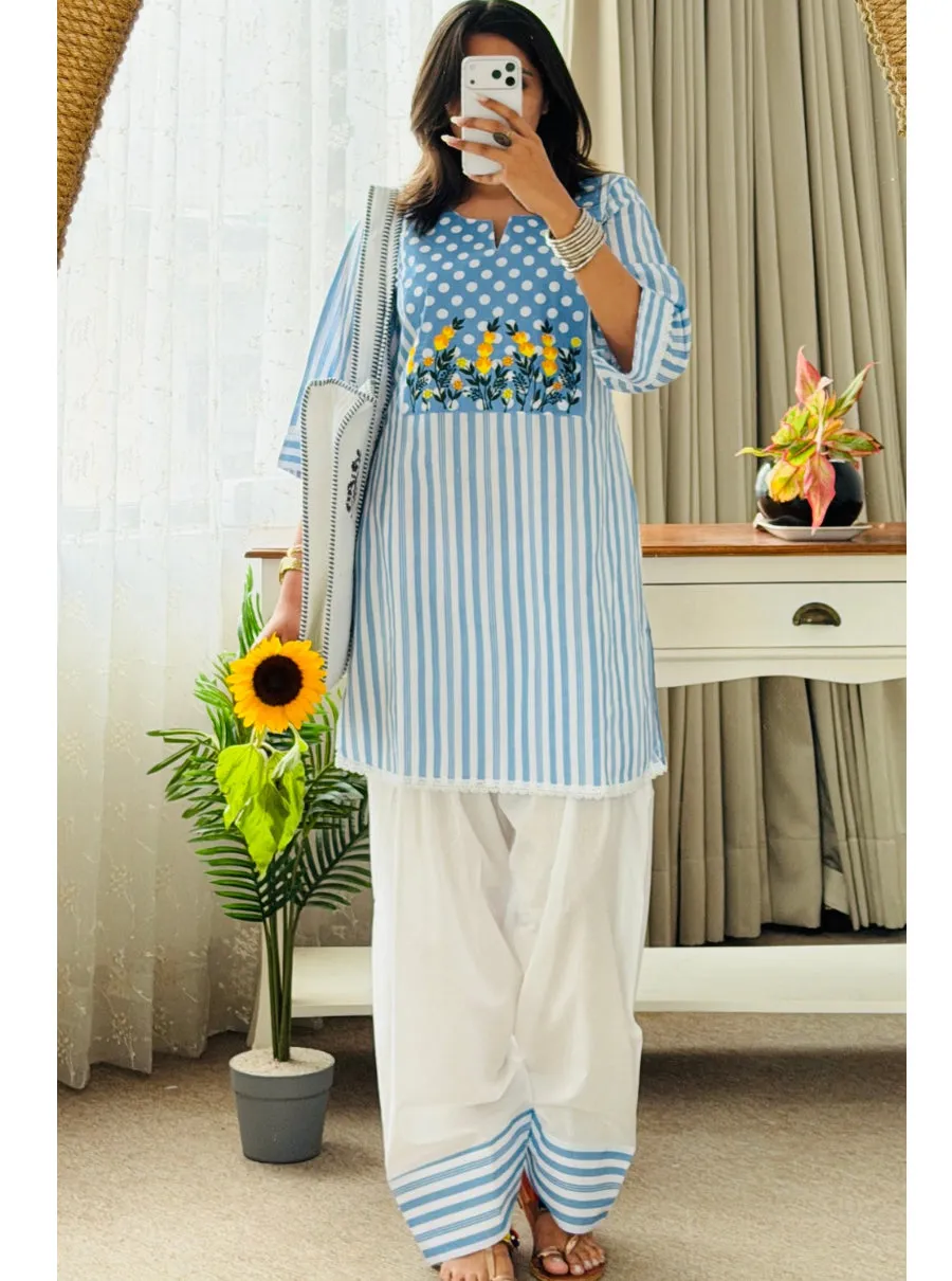 Floral Embroidered Cotton Slub Striped Kurti with Afghani Salwar Pant Set – 2-Piece Ethnic Suit