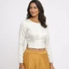 Full Sleeve Raw Silk Readymade Saree Blouse with Side Slit | Designer Solid Boat Neck Ethnic Crop Top with Concealed Back Zip