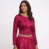 Full Sleeve Raw Silk Readymade Saree Blouse with Side Slit | Designer Solid Boat Neck Ethnic Crop Top with Concealed Back Zip - Image 4