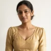 Golden Raw Silk Readymade Saree Blouse – Sweetheart Neck Puff Sleeve Choli with Sheer Net Cut-Out Back