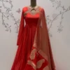 Hand Embroidered Silk Long Frock – Designer Full Sleeves Cutout Neck Anarkali Suit Set for Women - Image 3