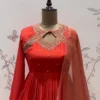 Hand Embroidered Silk Long Frock – Designer Full Sleeves Cutout Neck Anarkali Suit Set for Women - Image 5
