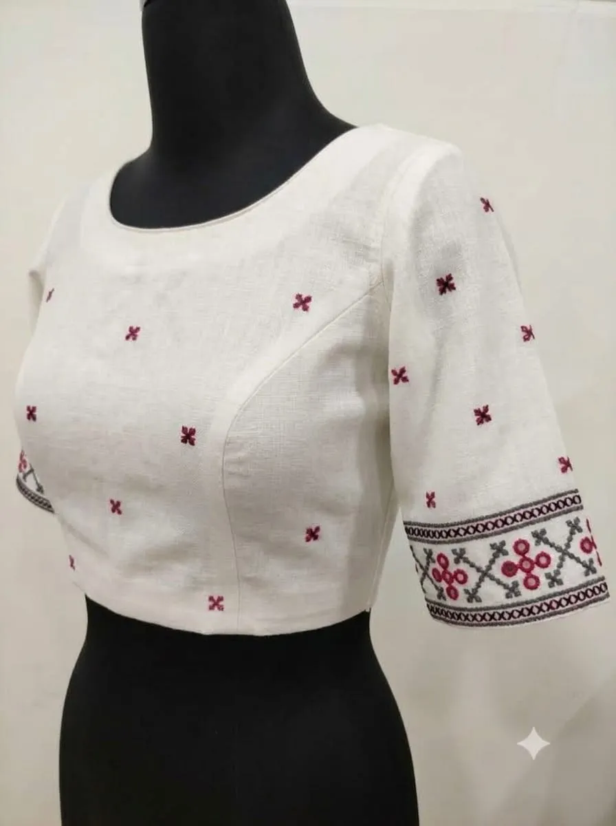 Handcrafted Khadi Cotton Silk Blouse – Boat Neck Front & Deep U-Back Delicate Embroidery Princess Cut Blouse