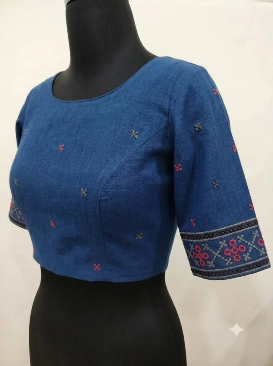 Handcrafted Khadi Cotton Silk Blouse – Boat Neck Front & Deep U-Back Delicate Embroidery Princess Cut Blouse - Image 2