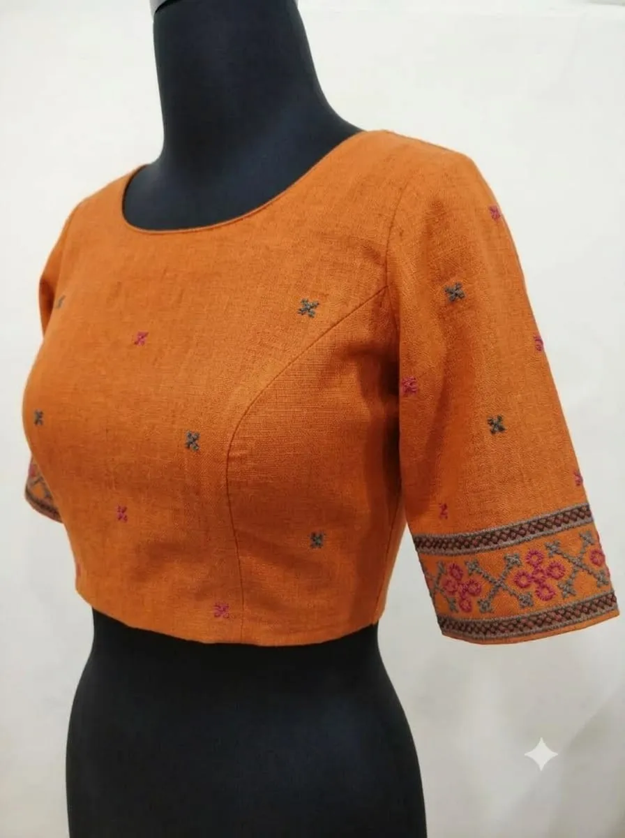 Handcrafted Khadi Cotton Silk Blouse – Boat Neck Front & Deep U-Back Delicate Embroidery Princess Cut Blouse - Image 3