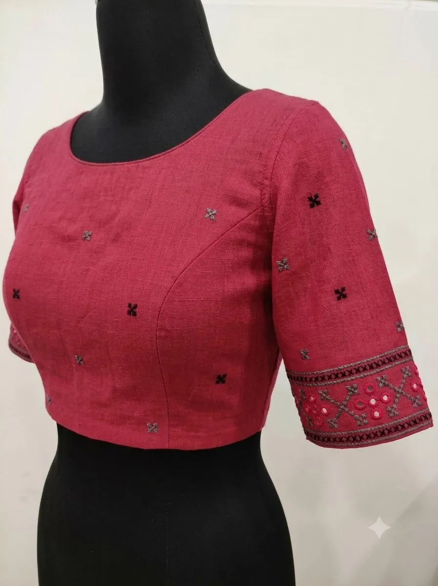 Handcrafted Khadi Cotton Silk Blouse – Boat Neck Front & Deep U-Back Delicate Embroidery Princess Cut Blouse - Image 5