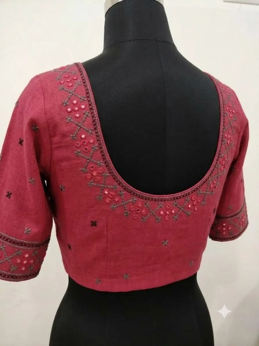 Handcrafted Khadi Cotton Silk Blouse – Boat Neck Front & Deep U-Back Delicate Embroidery Princess Cut Blouse - Image 6