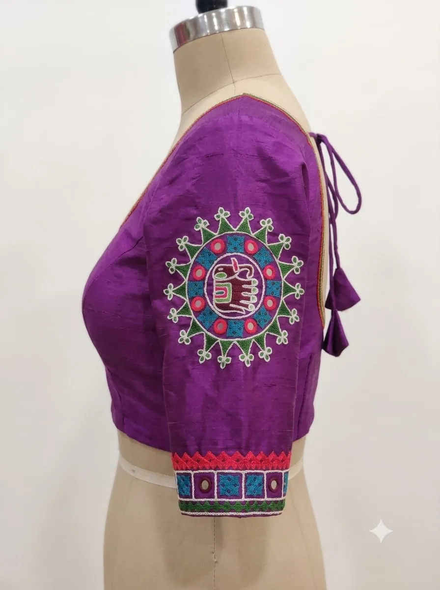 Handcrafted Kutchi Embroidery Blouse – Geometric Mirror Work Raw Silk Choli with Back Dori & Tassels