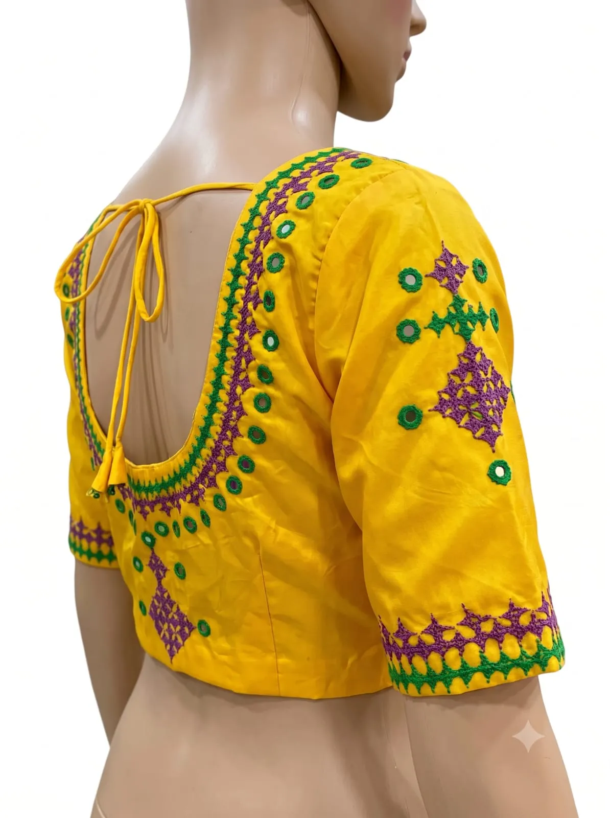 Handcrafted Mirror Work Cotton Saree Blouse – Kutchi Thread Embroidery Back Dori Blouse