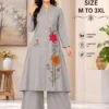 Heavy 22 KG Rayon Embroidered Long A-Line Kurti with Palazzo Set – Mandarin Collar Floral Patch Work Kurta Set with Front Pocket (Sizes M to 3XL)