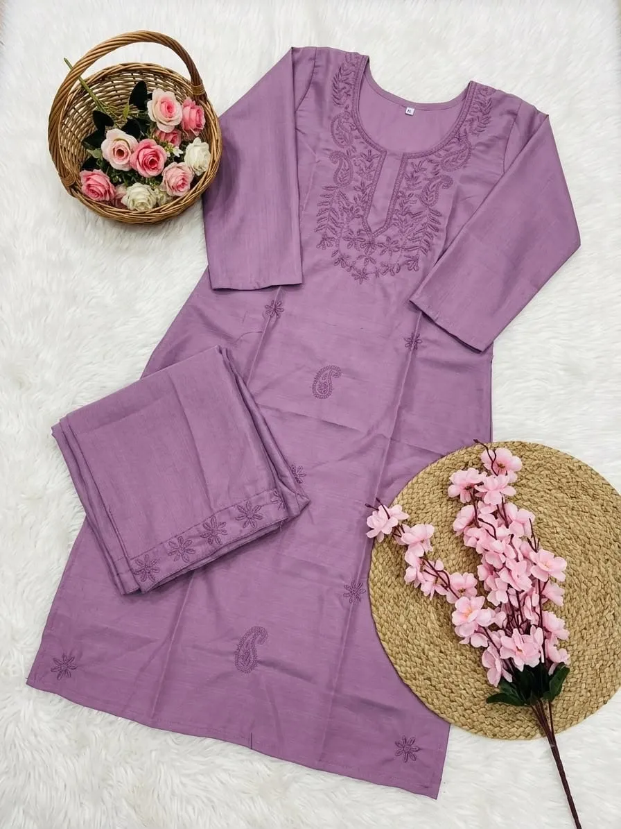 Heavy Cotton Silk Kurti Pant Set with Tone-on-Tone Chikankari Work | Festive 2-Piece Embroidered Kurta Set (Sizes M to 5XL)