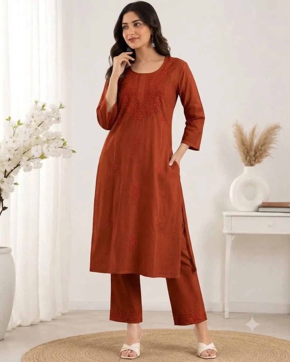 Heavy Cotton Silk Kurti Pant Set with Tone-on-Tone Chikankari Work | Festive 2-Piece Embroidered Kurta Set (Sizes M to 5XL) - Image 2
