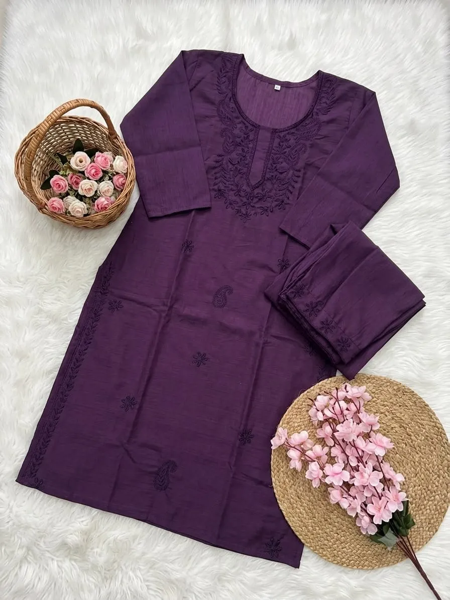 Heavy Cotton Silk Kurti Pant Set with Tone-on-Tone Chikankari Work | Festive 2-Piece Embroidered Kurta Set (Sizes M to 5XL) - Image 3