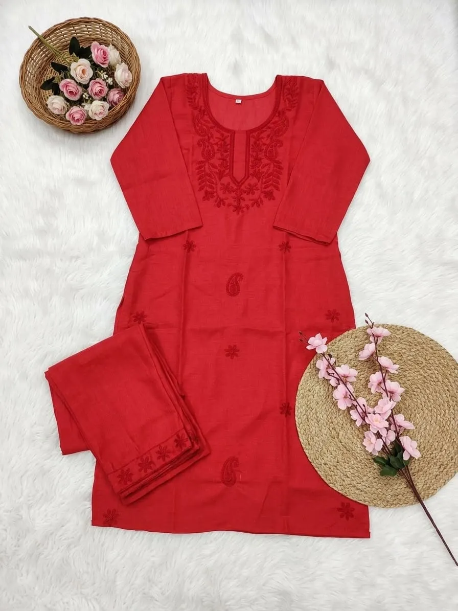 Heavy Cotton Silk Kurti Pant Set with Tone-on-Tone Chikankari Work | Festive 2-Piece Embroidered Kurta Set (Sizes M to 5XL) - Image 4