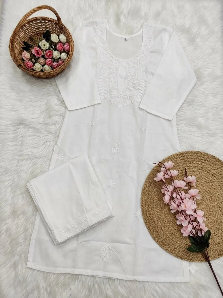 Heavy Cotton Silk Kurti Pant Set with Tone-on-Tone Chikankari Work | Festive 2-Piece Embroidered Kurta Set (Sizes M to 5XL) - Image 5