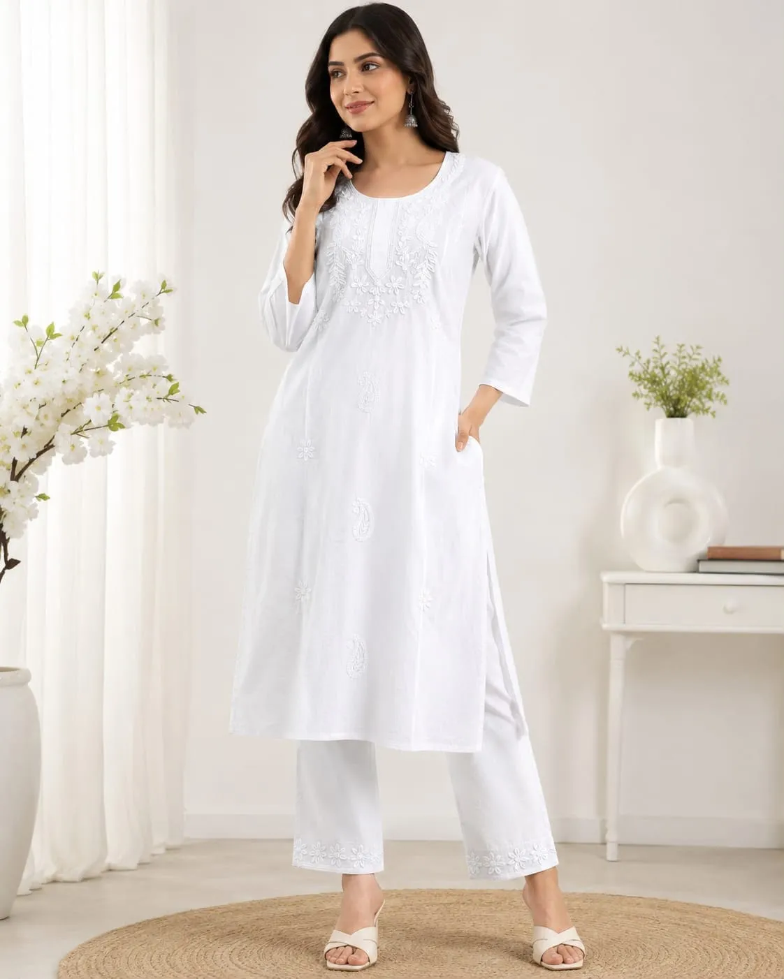Heavy Cotton Silk Kurti Pant Set with Tone-on-Tone Chikankari Work | Festive 2-Piece Embroidered Kurta Set (Sizes M to 5XL) - Image 6