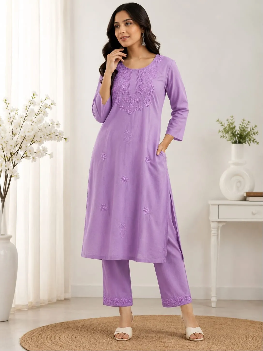Heavy Cotton Silk Kurti Pant Set with Tone-on-Tone Chikankari Work | Festive 2-Piece Embroidered Kurta Set (Sizes M to 5XL) - Image 7