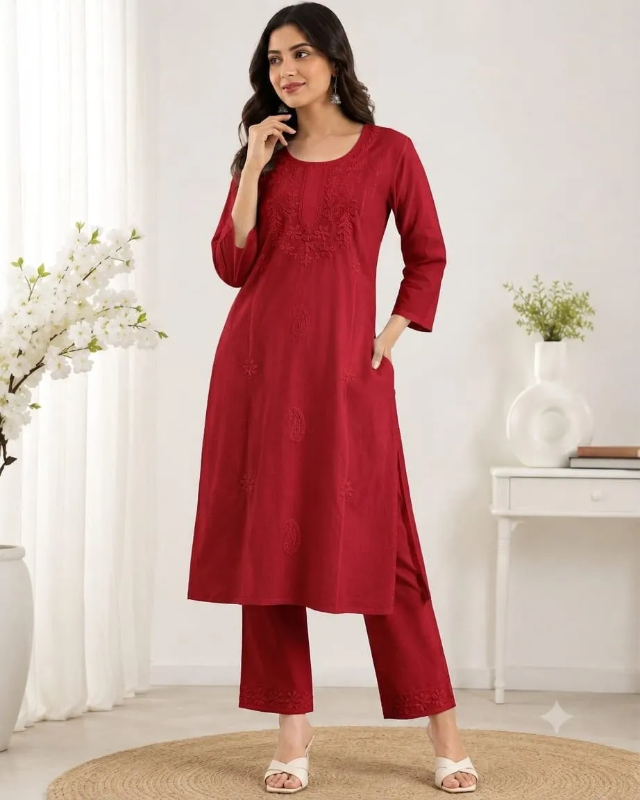 Heavy Cotton Silk Kurti Pant Set with Tone-on-Tone Chikankari Work | Festive 2-Piece Embroidered Kurta Set (Sizes M to 5XL) - Image 8