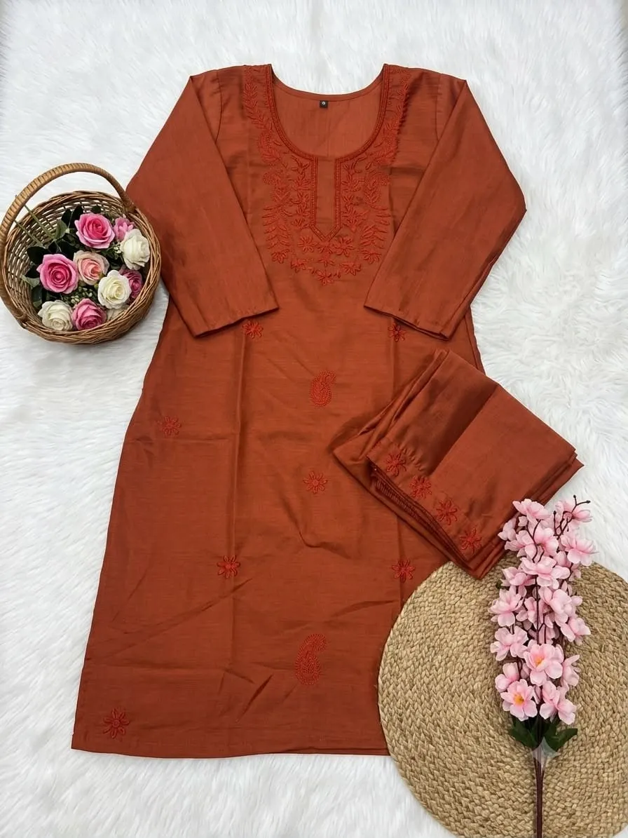 Heavy Cotton Silk Kurti Pant Set with Tone-on-Tone Chikankari Work | Festive 2-Piece Embroidered Kurta Set (Sizes M to 5XL) - Image 9