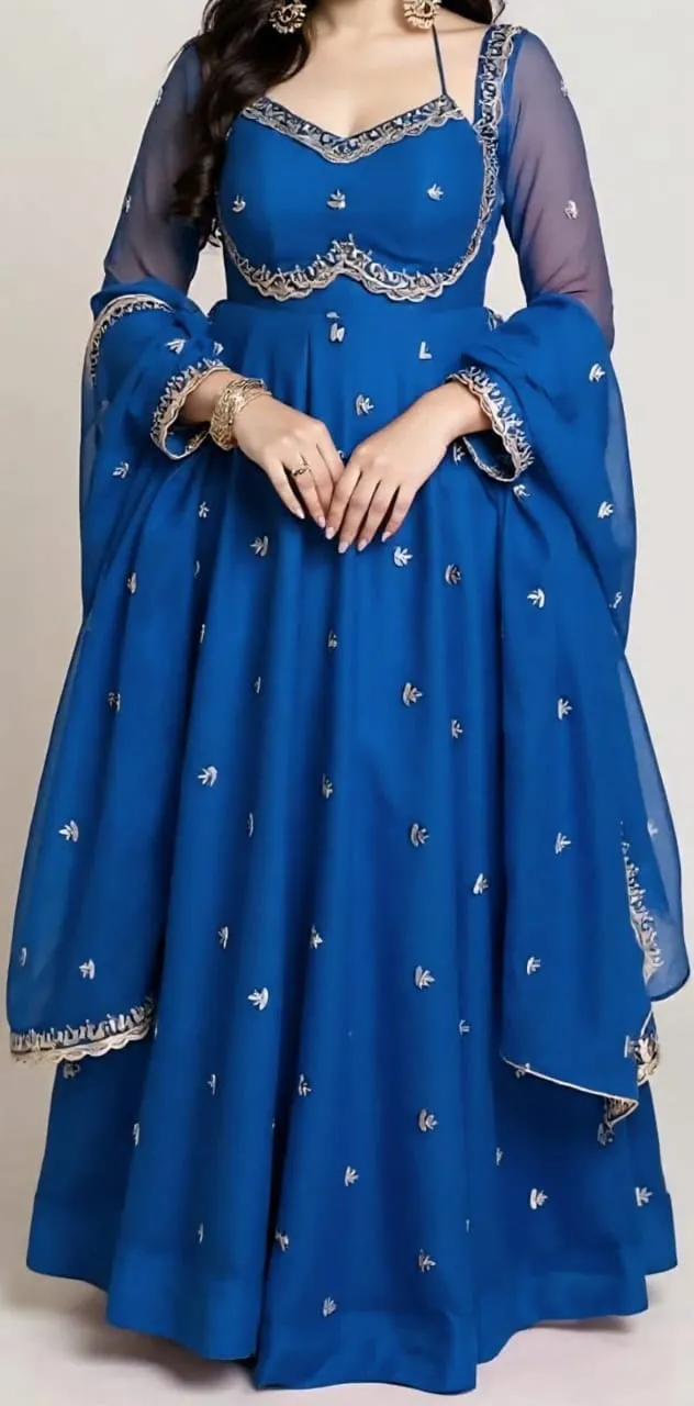 Heavy Georgette Sequins Embroidered Flared Anarkali Gown Pant Set with Dupatta (Sizes M to 3XL) | Festive Party Wear Suit
