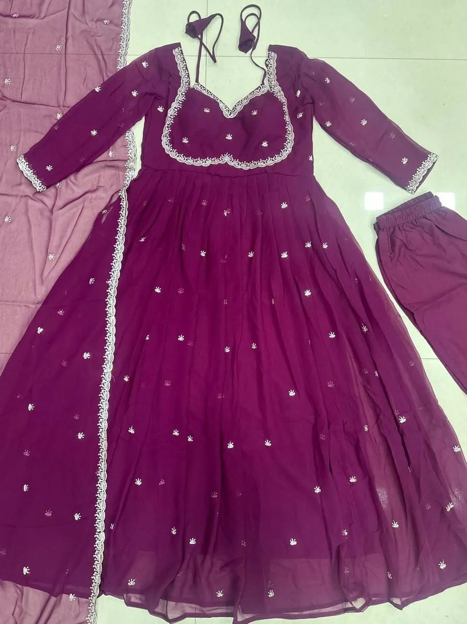 Heavy Georgette Sequins Embroidered Flared Anarkali Gown Pant Set with Dupatta (Sizes M to 3XL) | Festive Party Wear Suit - Image 2