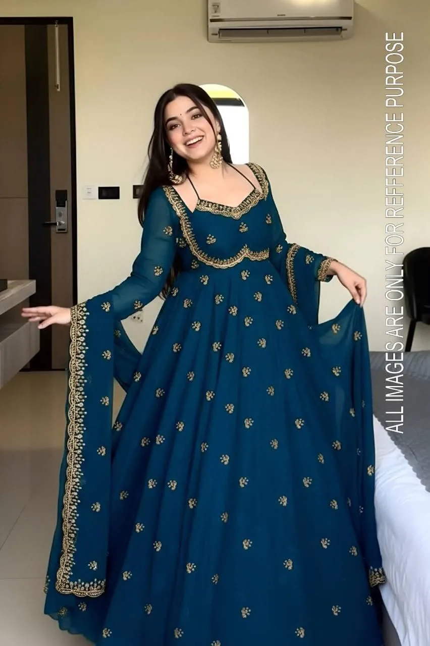 Heavy Georgette Sequins Embroidered Flared Anarkali Gown Pant Set with Dupatta (Sizes M to 3XL) | Festive Party Wear Suit - Image 5