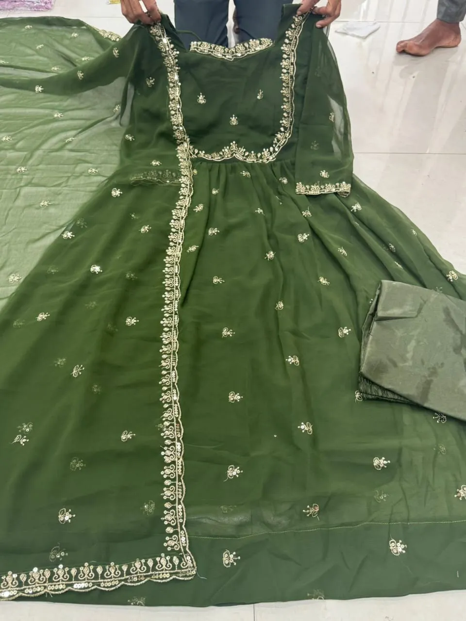 Heavy Georgette Sequins Embroidered Flared Anarkali Gown Pant Set with Dupatta (Sizes M to 3XL) | Festive Party Wear Suit - Image 6