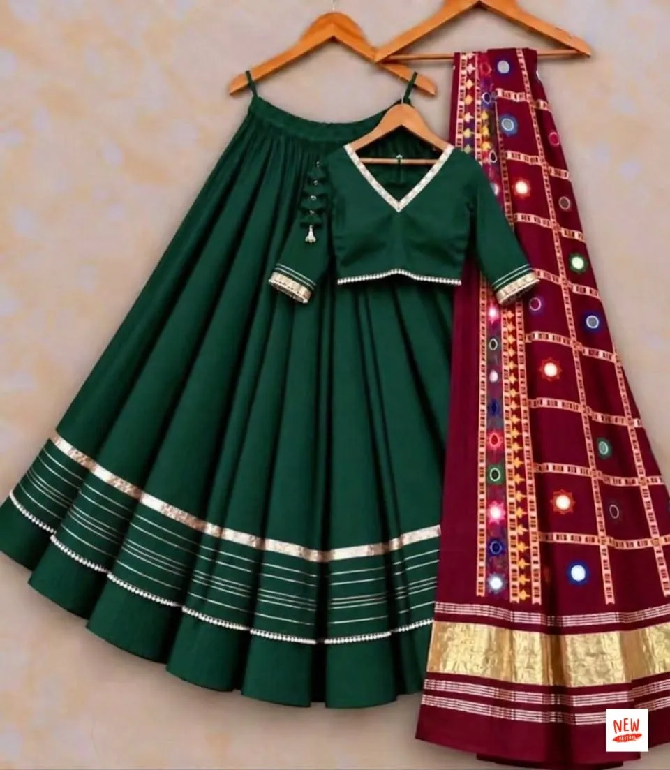Heavy Rayon Cotton Flared Chaniya Choli with Gotta Patti Border | Stitched Padded Blouse & Semi Gajji Real Mirror Work Dupatta Set - Image 10