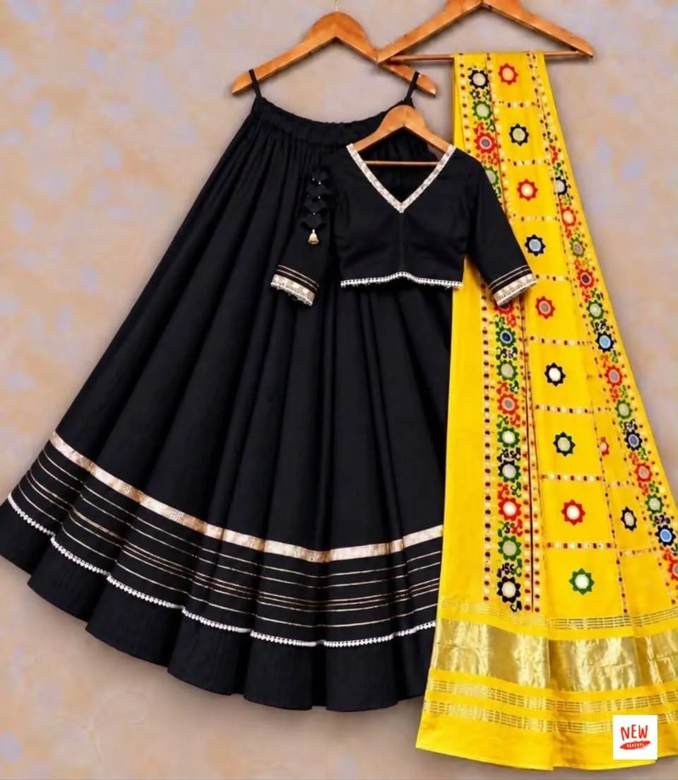 Heavy Rayon Cotton Flared Chaniya Choli with Gotta Patti Border | Stitched Padded Blouse & Semi Gajji Real Mirror Work Dupatta Set - Image 11