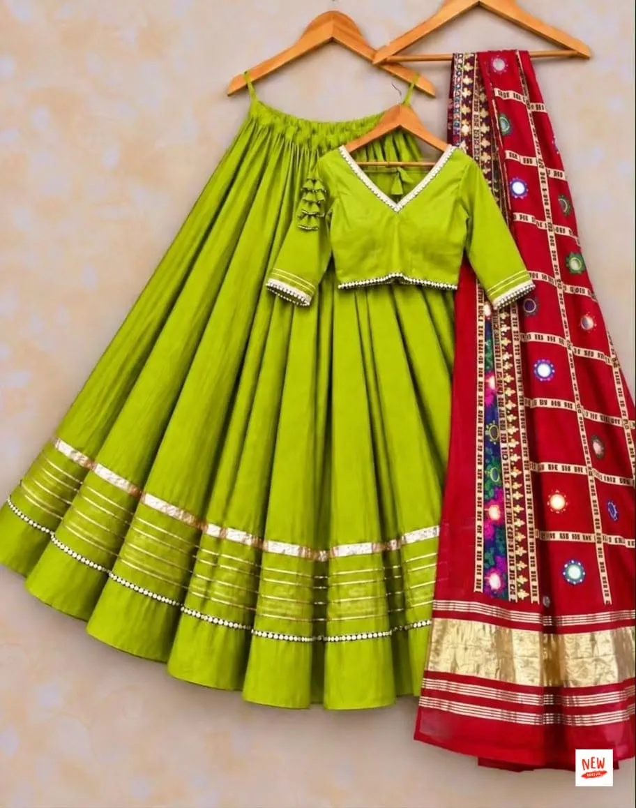 Heavy Rayon Cotton Flared Chaniya Choli with Gotta Patti Border | Stitched Padded Blouse & Semi Gajji Real Mirror Work Dupatta Set - Image 12