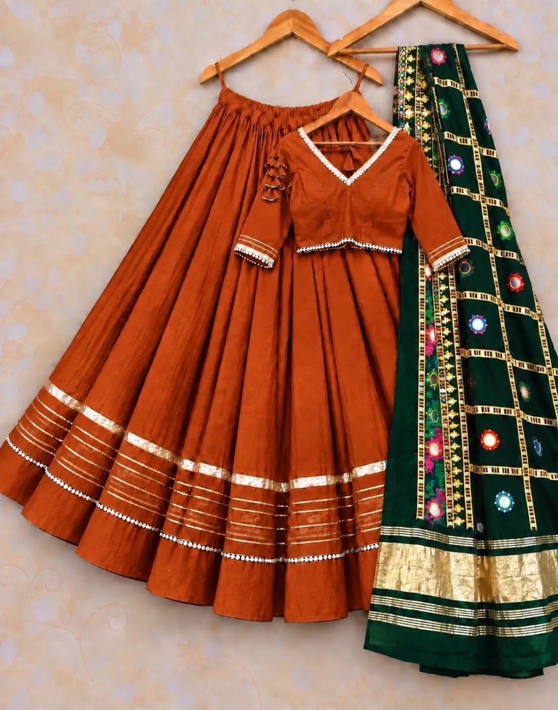 Heavy Rayon Cotton Flared Chaniya Choli with Gotta Patti Border | Stitched Padded Blouse & Semi Gajji Real Mirror Work Dupatta Set - Image 13