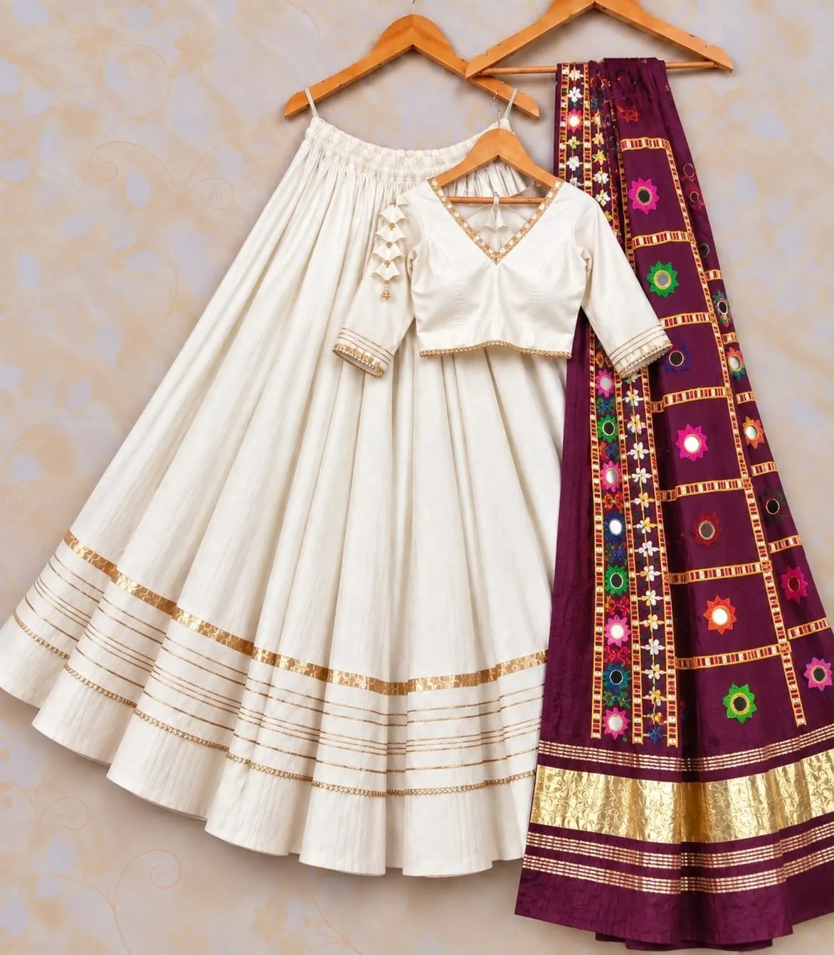 Heavy Rayon Cotton Flared Chaniya Choli with Gotta Patti Border | Stitched Padded Blouse & Semi Gajji Real Mirror Work Dupatta Set - Image 14