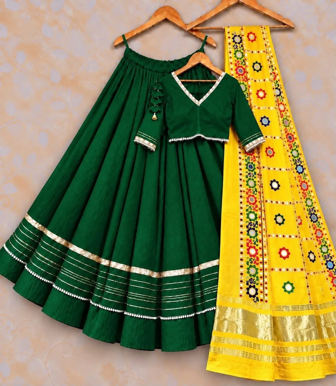Heavy Rayon Cotton Flared Chaniya Choli with Gotta Patti Border | Stitched Padded Blouse & Semi Gajji Real Mirror Work Dupatta Set - Image 15
