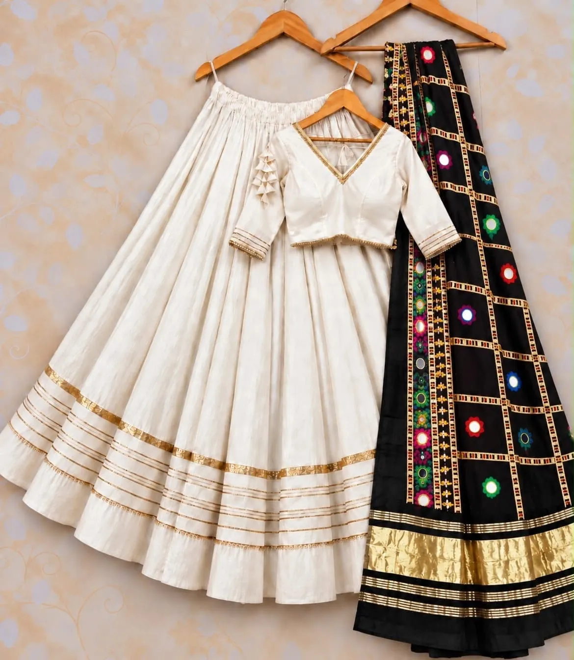 Heavy Rayon Cotton Flared Chaniya Choli with Gotta Patti Border | Stitched Padded Blouse & Semi Gajji Real Mirror Work Dupatta Set - Image 16