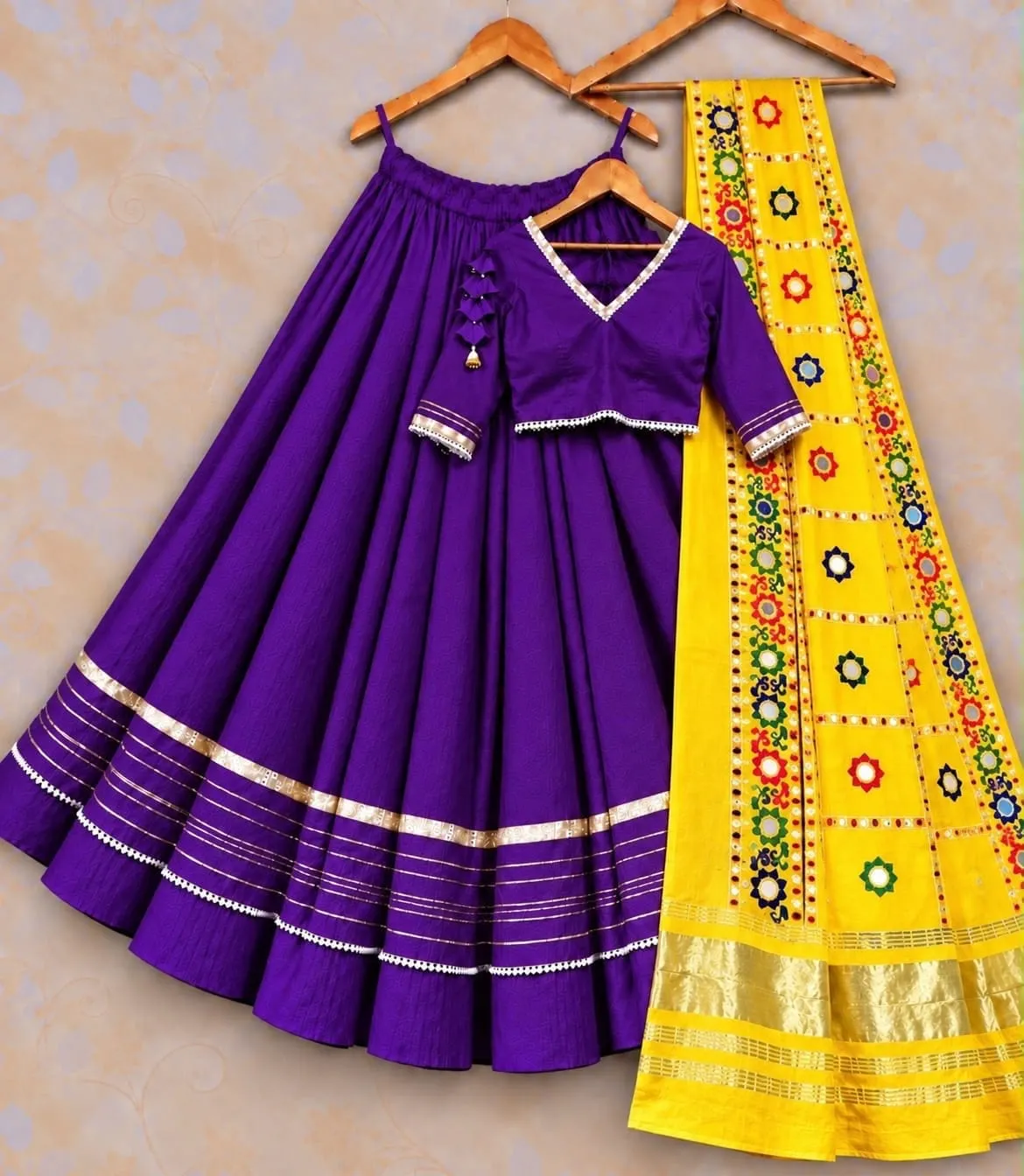 Heavy Rayon Cotton Flared Chaniya Choli with Gotta Patti Border | Stitched Padded Blouse & Semi Gajji Real Mirror Work Dupatta Set - Image 17